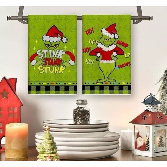The Grinch Kitchen Dish Towels - Set of 2 Microfiber Christmas Festive Decor New - Picture 5 of 9